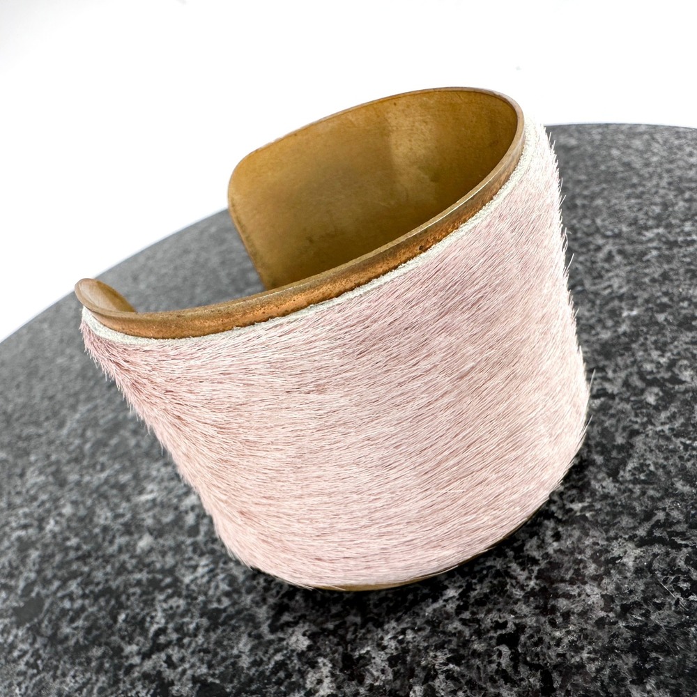 Brass Cuff Bracelet Light Pink Cowhair‎ Western Boho Cowgirl Statement 2.375"
